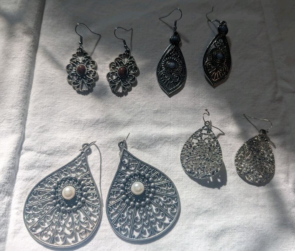 silver-tone costume jewelry earrings Lot Of 4 intricate filigree designs